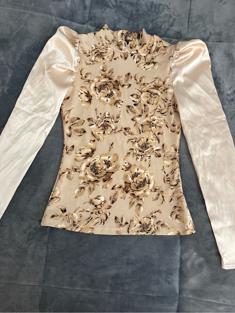 Floral Satin Sleeve Mock Neck Top - Cream